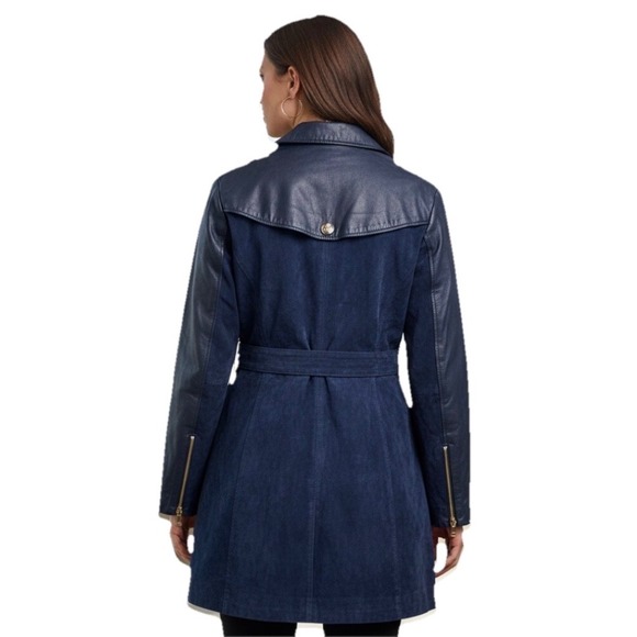 IMAN Trench Coat Women XL Navy Blue Genuine Leather Suede Mixed Media Belted - Picture 5 of 14